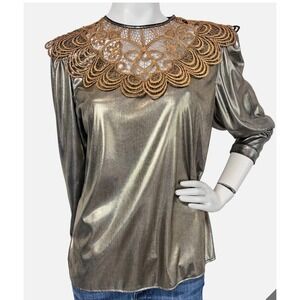 80s Blouse Top Size 8 Gold Lame Lace Overlay San Ratay for San Andre Long Sleeve